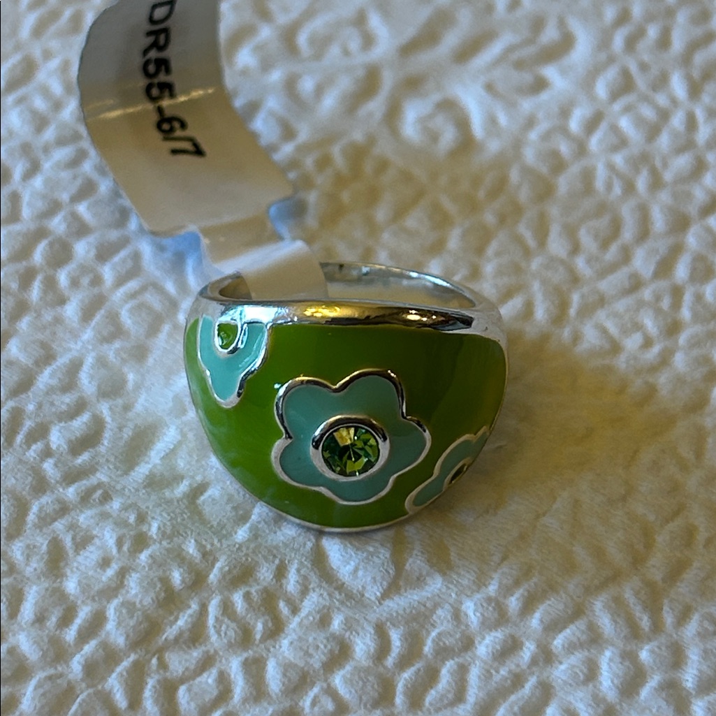 Davinci Green Enamel Floral Art Deco Silver Ring Size 6/7